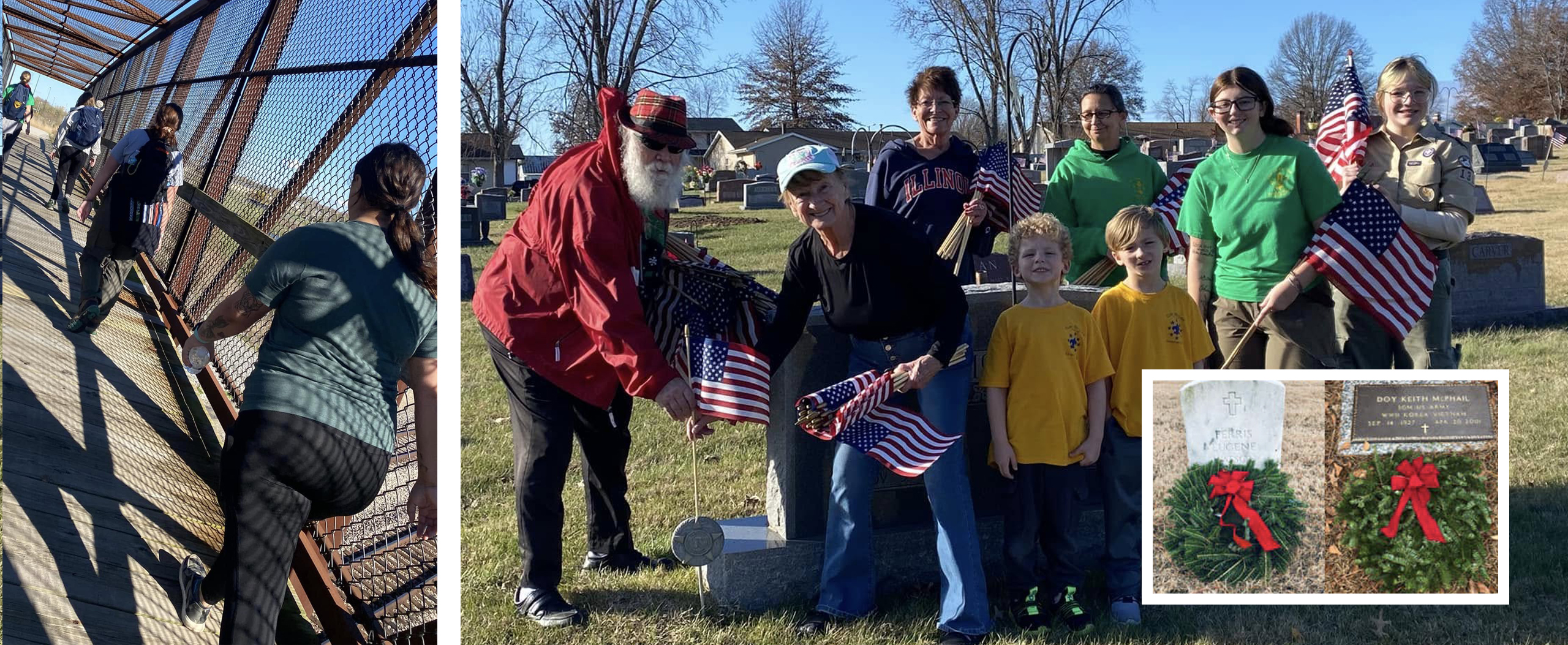 Scout Troops 1310 and 310 hiking for wreath sponsorships and later, placing flagmarkers for wreaths at the cemetery.